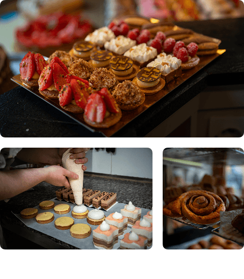 Trois photos combinées (grande pâtisserie + préparation + viennoiserie)